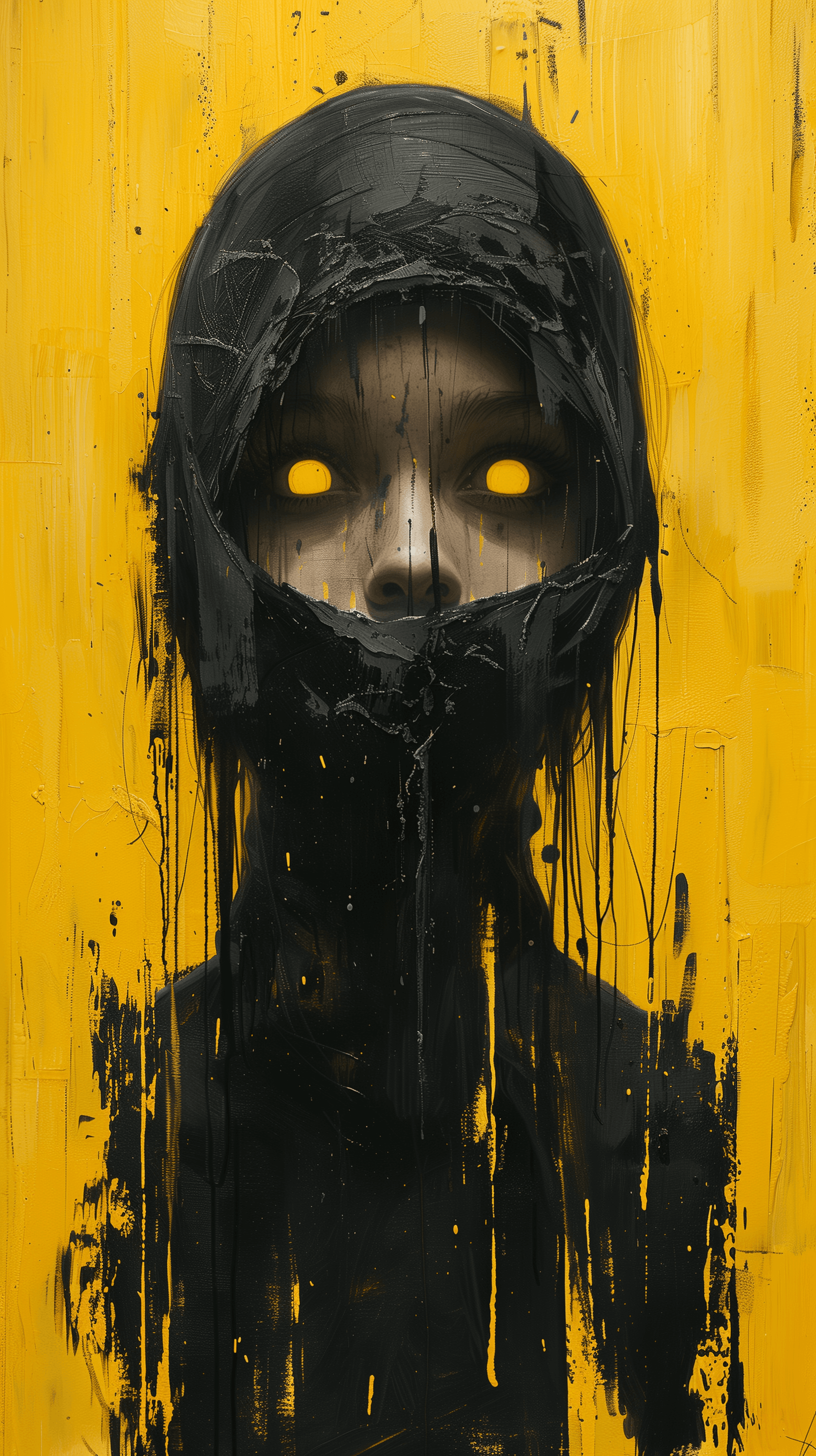 AI generated: artistic, oil painting, front view of an upper body, girl robot, heavy brush style, yellow eyes lock...