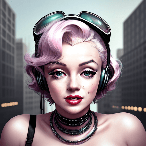 AI generated: Pintura de marilyn monroe ciberpunk, marilyn monroe con casco ciberpunk, fondo ciudad ciberpunk, tex...