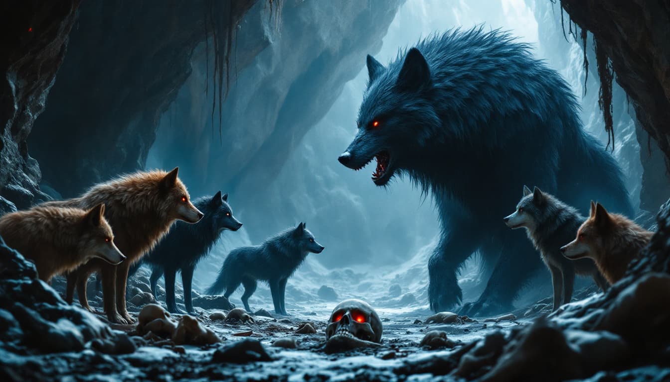 AI generated: Giant black wolf talking facing five wolves of different black, brown, and one reddish color, full b...