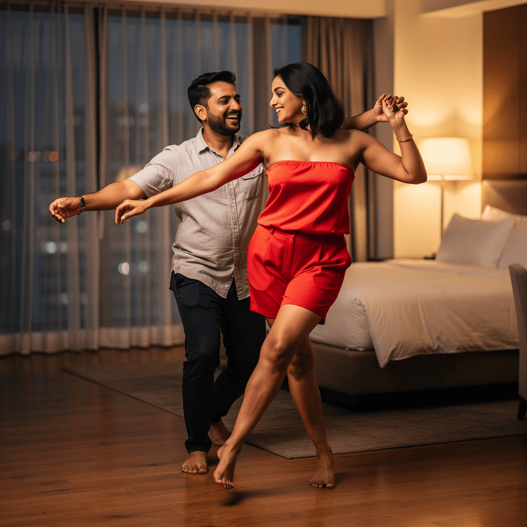 AI generated: Indian married aunty 36 years, wearing light red strapless top and red shorts, 34  bust size and she...