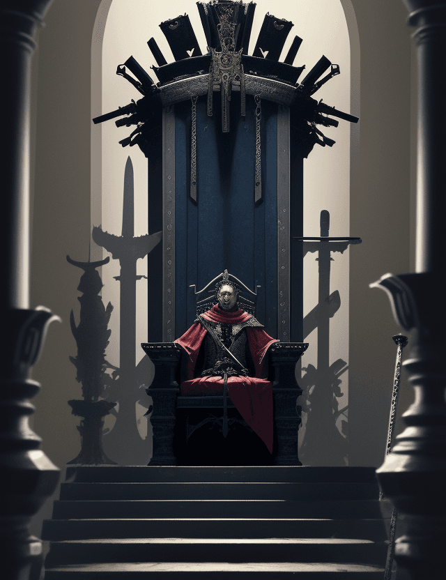 AI generated: A throne surrounded by many swords,The throne is empty,at the top of the stairs.