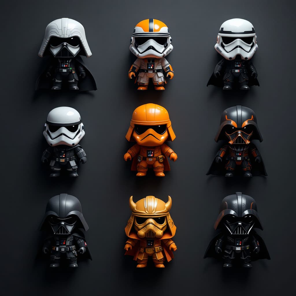 AI generated: table layout of eight unique and realistic star wars chibi, highly detailed, 8k, octane render, no t...