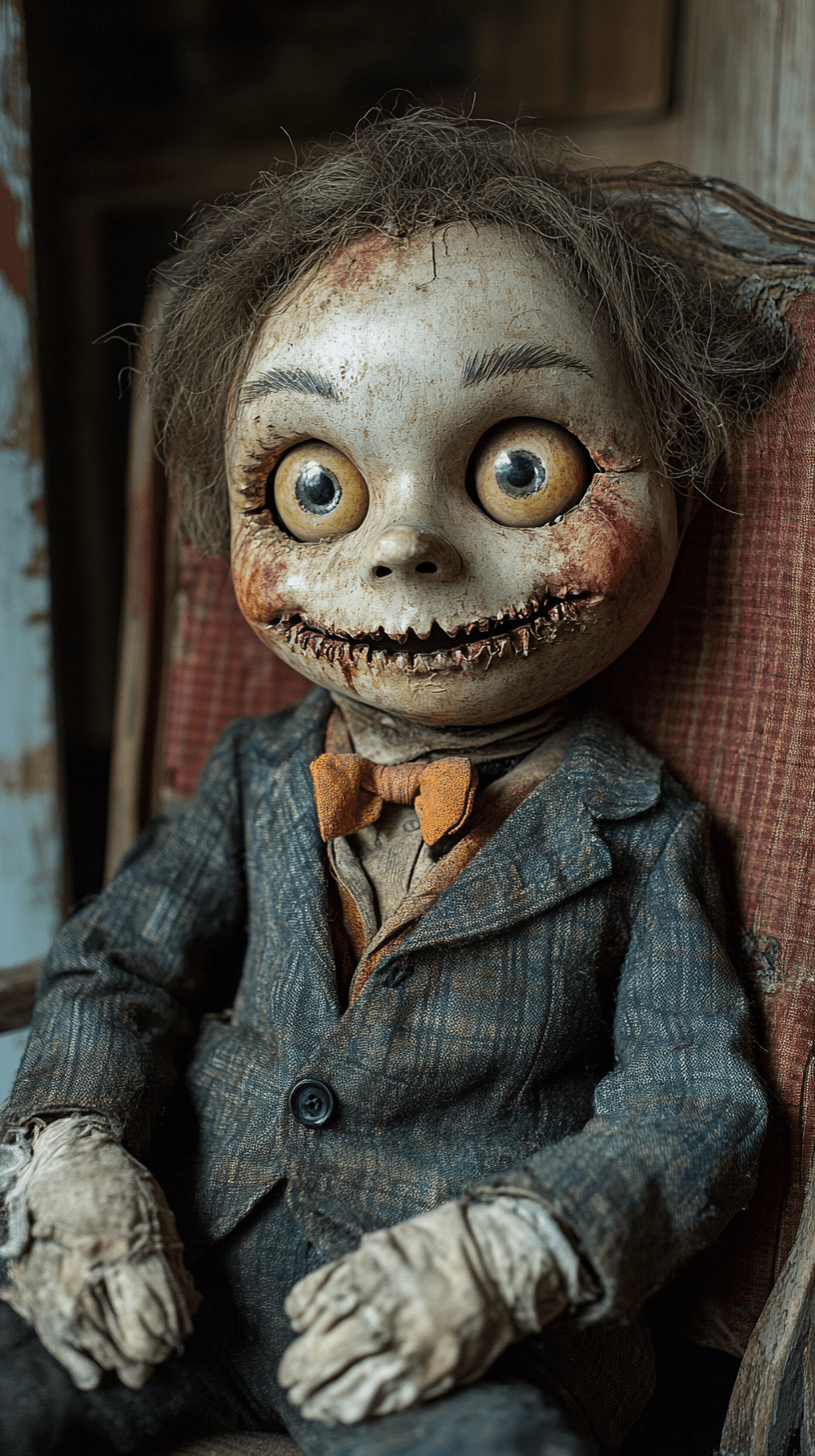 AI generated: A hyper-realistic, lifelike ventriloquist puppet sits on a dusty, abandoned chair in a forgotten cor...