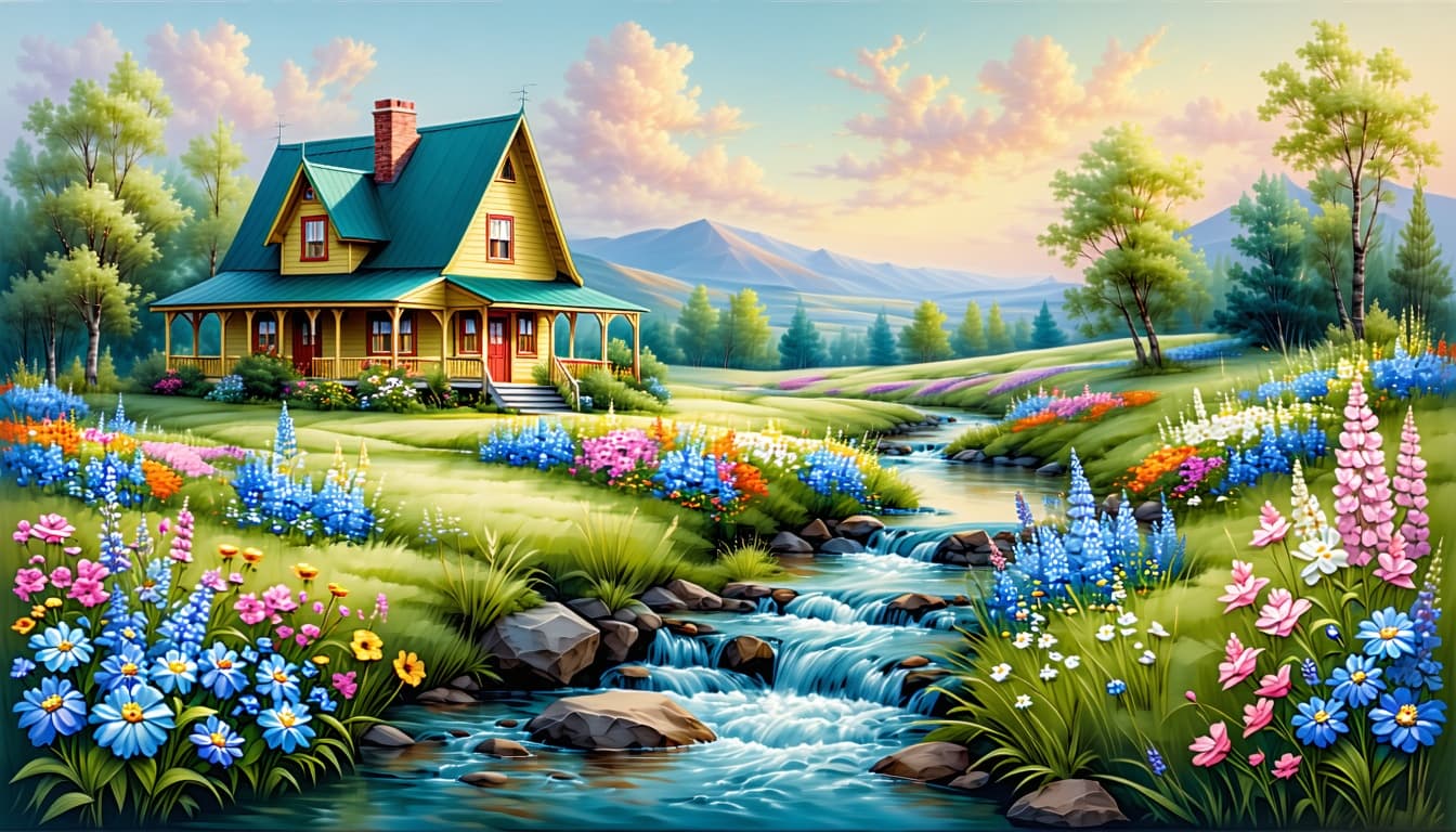AI generated: picture a serene landscape featuring a quaint cottage nestled amidst a field of wildflowers, digital...