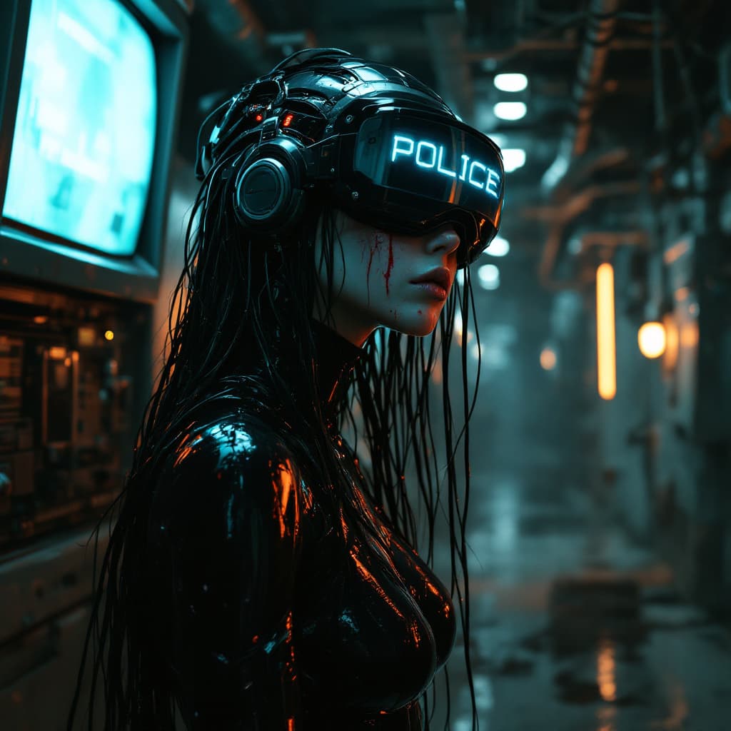 AI generated: 3 quarter angle of a  futuristic cyberpunk humanoid with a sleek black latex bodysuit, wearing a hig...