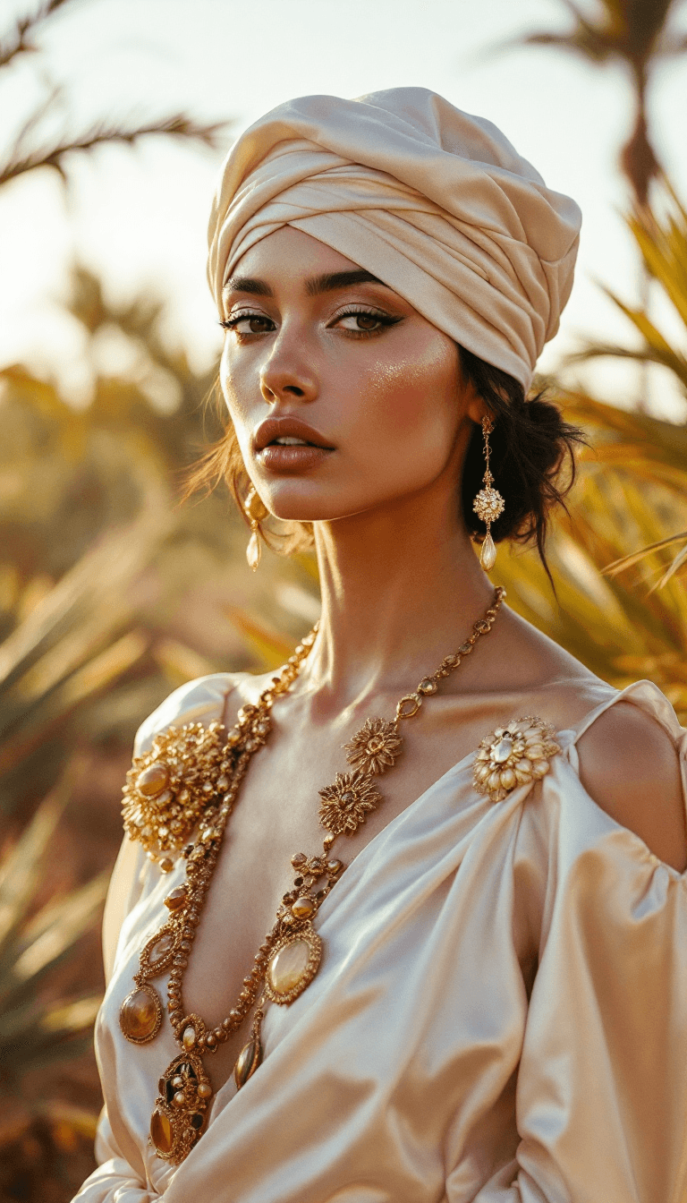 AI generated: fashion editorial shot by Tim Walker in a Moroccan farm, luxury silk resort wear, gorgeous female mo...