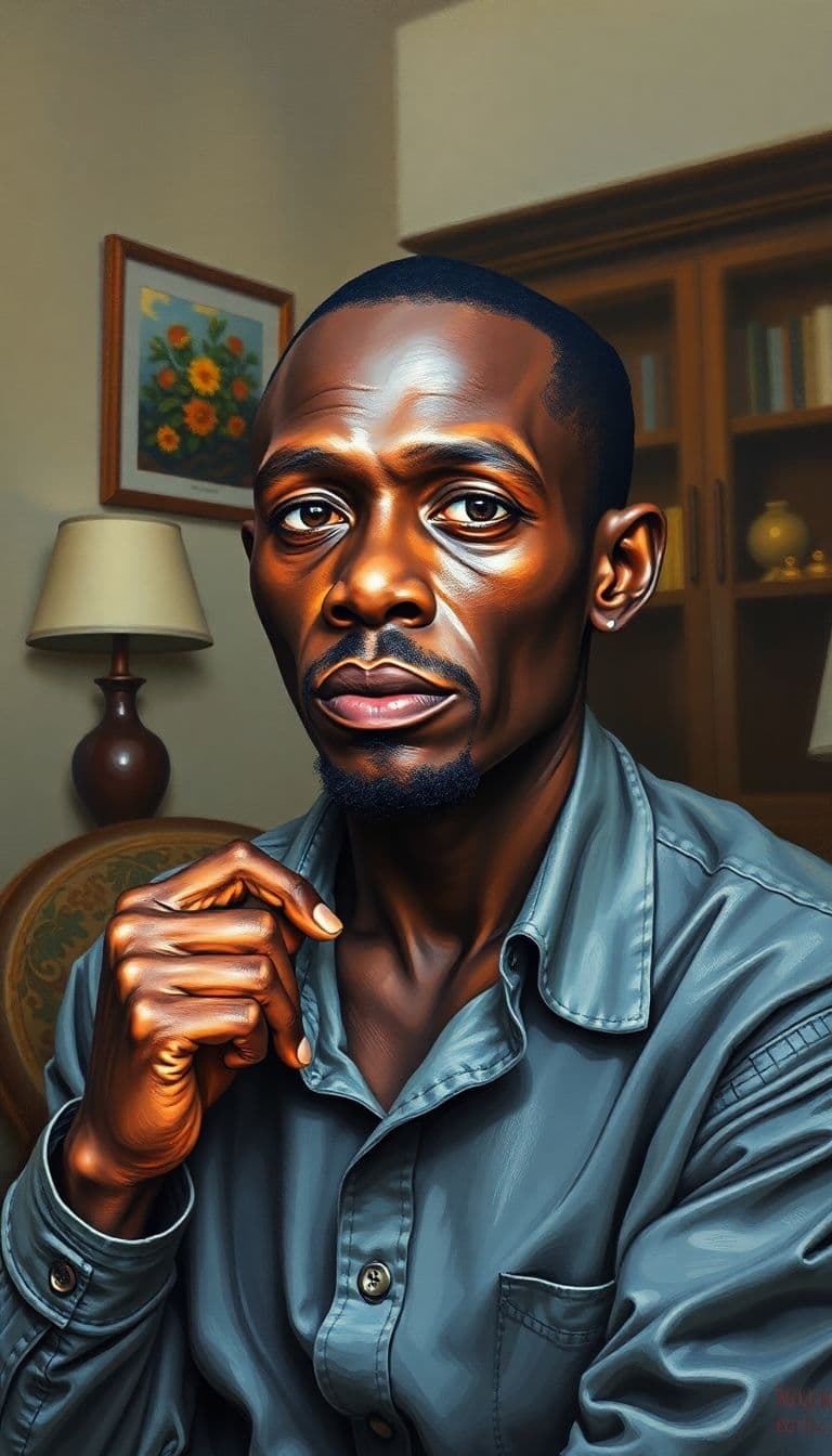 AI generated: a-breathtaking-oil-painting--fashionable-homeless-black-man-home-interior-setting-anatomically-corre...