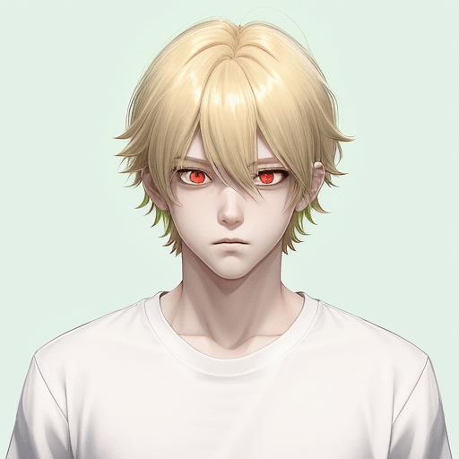 AI generated: boy, red eyes, blond, anime, gacha life, quality, white t-shirt, green background, bangs, 