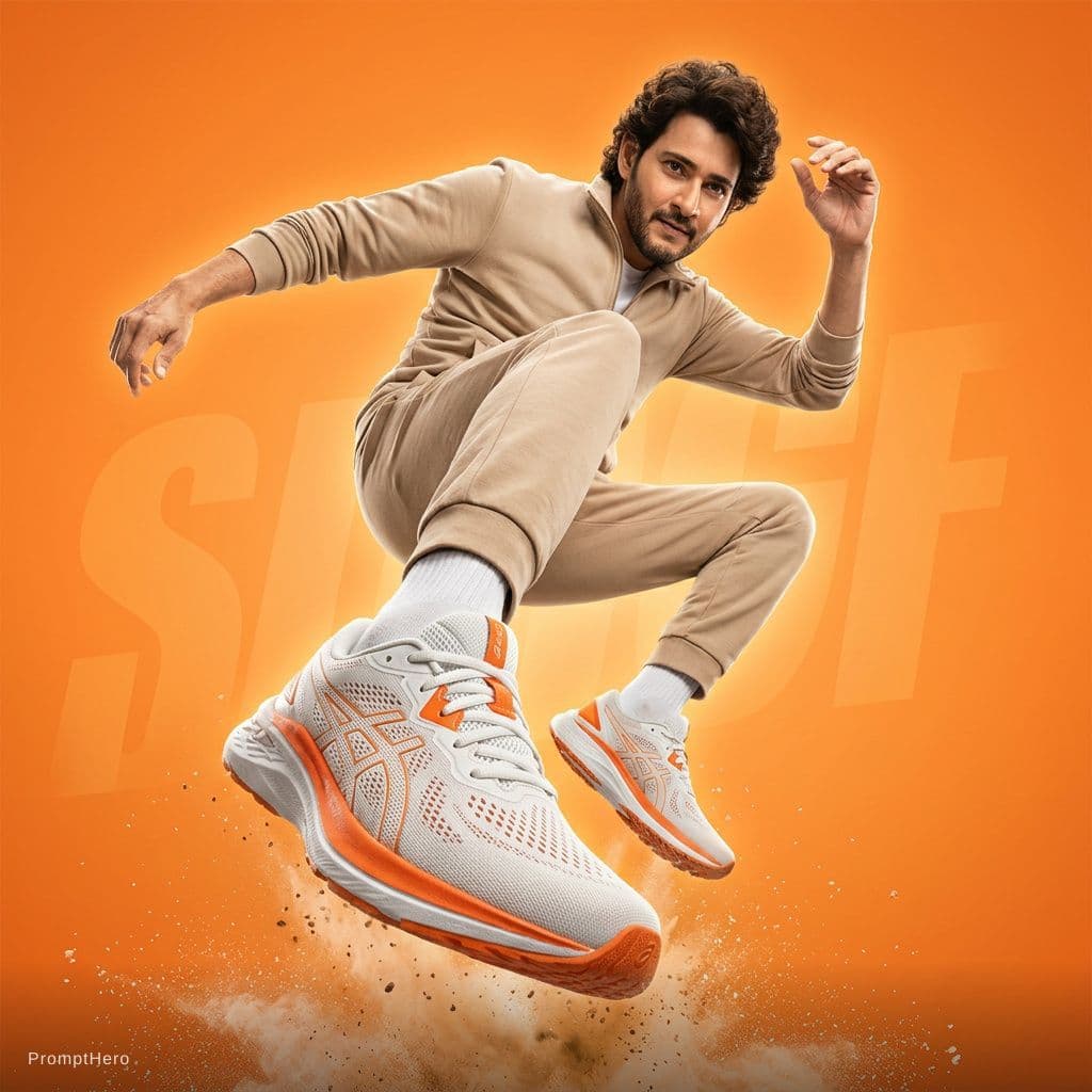 AI generated: A dynamic sportswear advertisement featuring a young athletic male model captured mid-air in an expl...