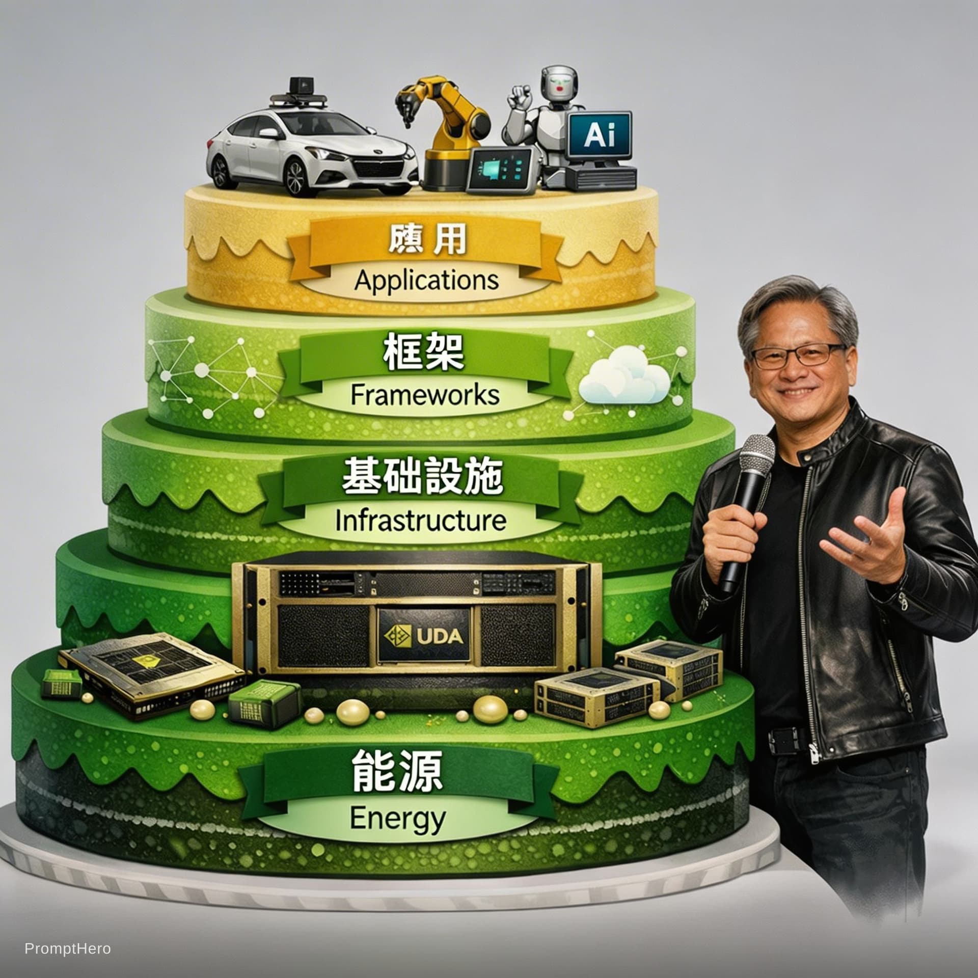 AI generated: A high-end professional tech keynote presentation scene.

Center: a five-layer green platform struct...