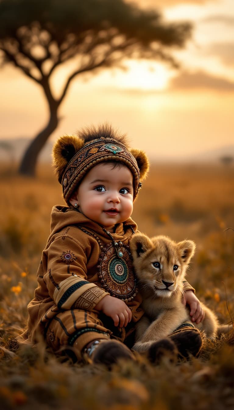 AI generated: A hyper-realistic image of a baby dressed in an African lion-themed outfit, featuring warm golden to...