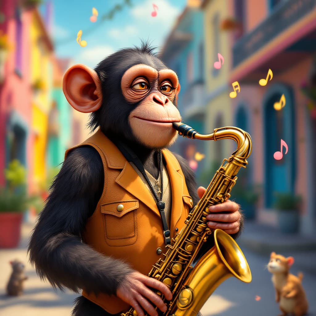 AI generated: Create a whimsical scene featuring a young chimpanzee dressed in a stylish vest, playing a shiny sax...