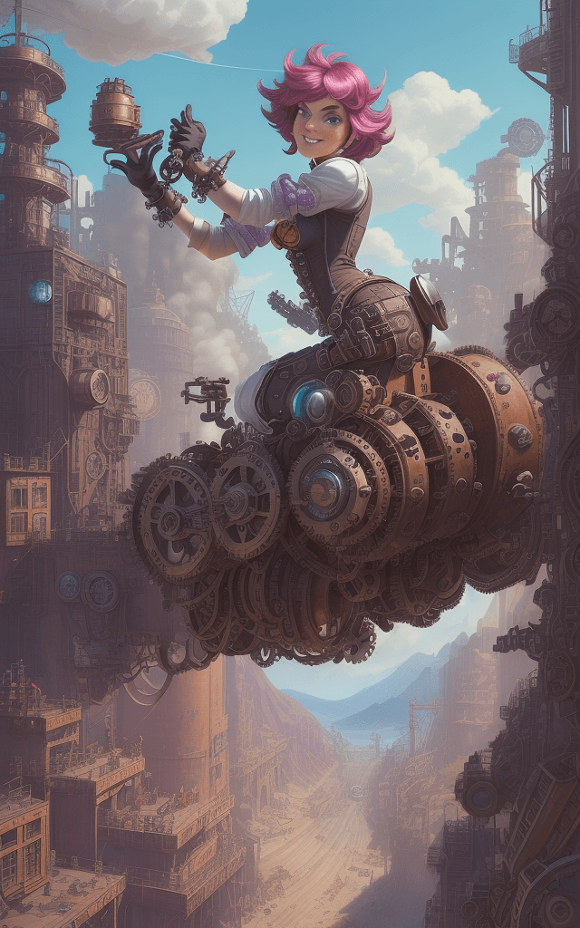 AI generated: Step into the vibrant world of Pistonella, where the day brings forth an array of mechanical marvels...