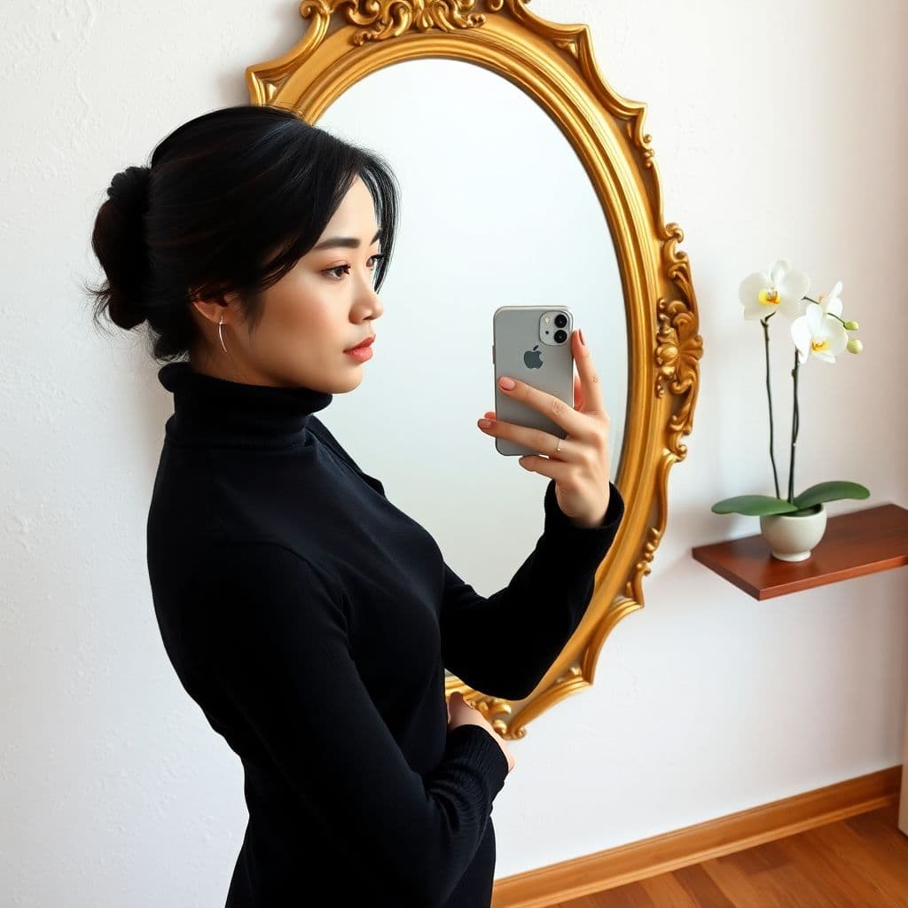 AI generated: A young Korean woman in a black turtleneck sweater takes a selfie with an iPhone while standing in f...