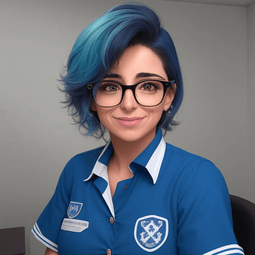 AI generated:  una profesora de cabello corto castaño  hermosa y feliz, con uniforme azul  escribiendo en la pizar...