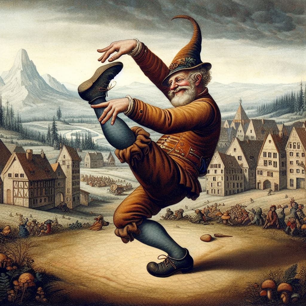 AI generated: A Heinzel dancing Schuhplattler, style of Albrecht Dürer