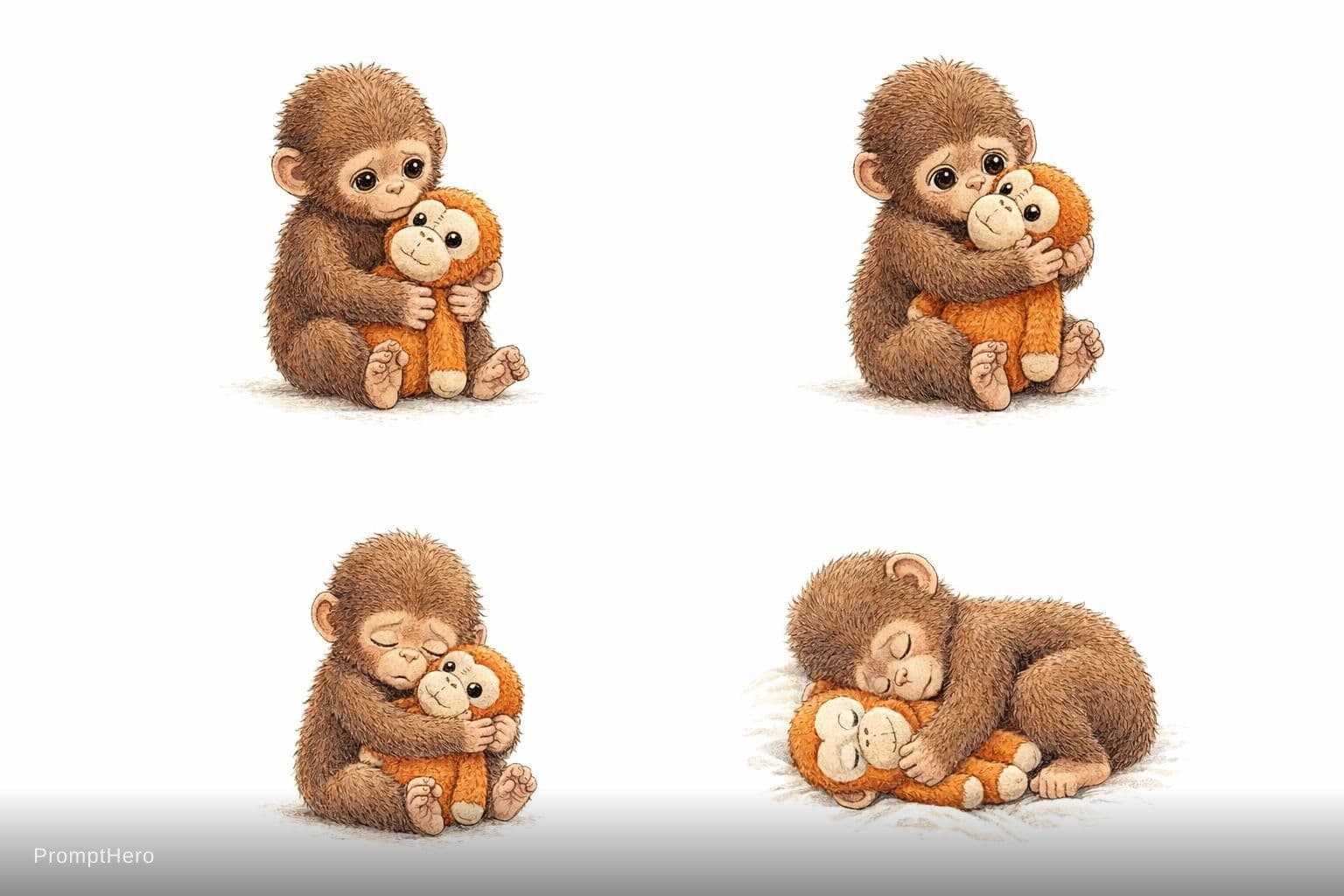 AI generated: vintage children's book illustration, emotional storytelling with 3 scenes, cute baby monkey with fl...