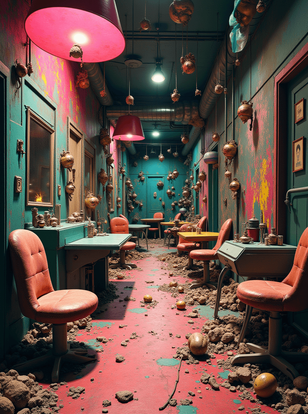 AI generated: Surreal chaotic scene where nothing matches â wildly clashing colors with neon pinks, sickly green...