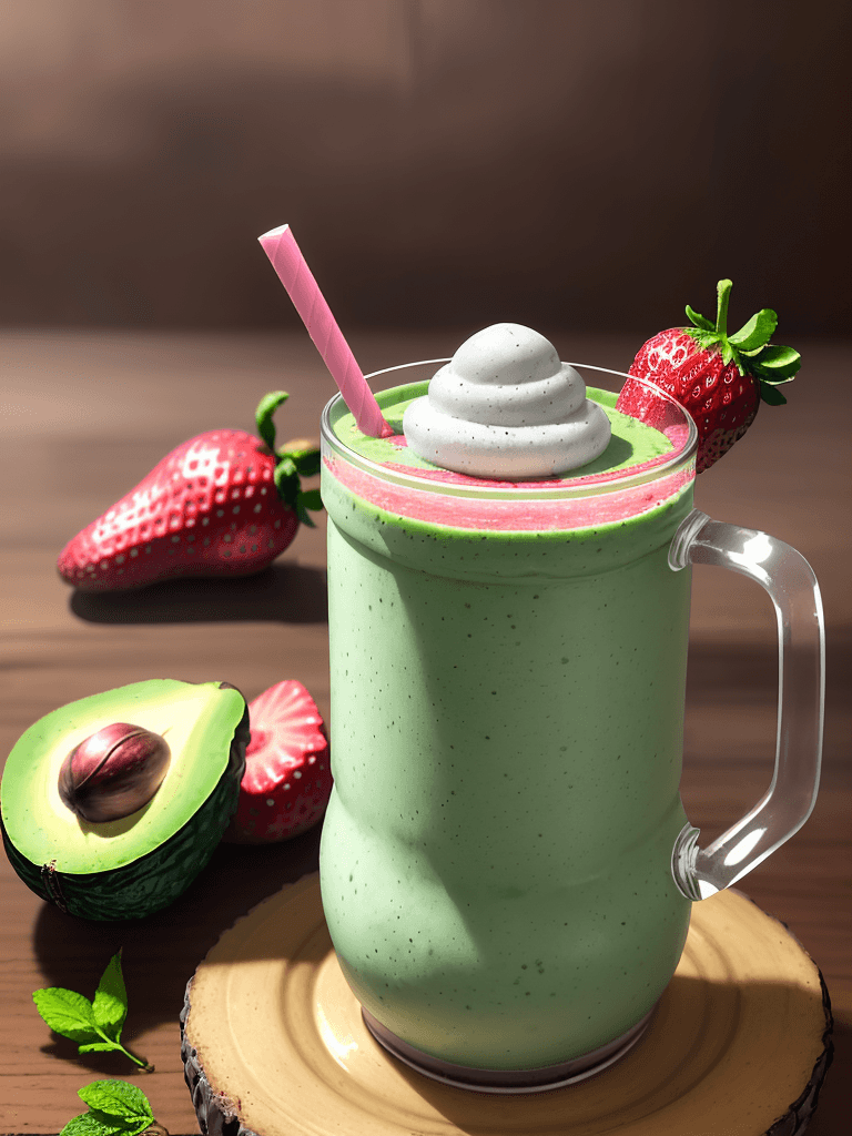 AI generated: un batido de fresas aguacate, leche de almendras, extracto de vainilla, color del batido bien consis...