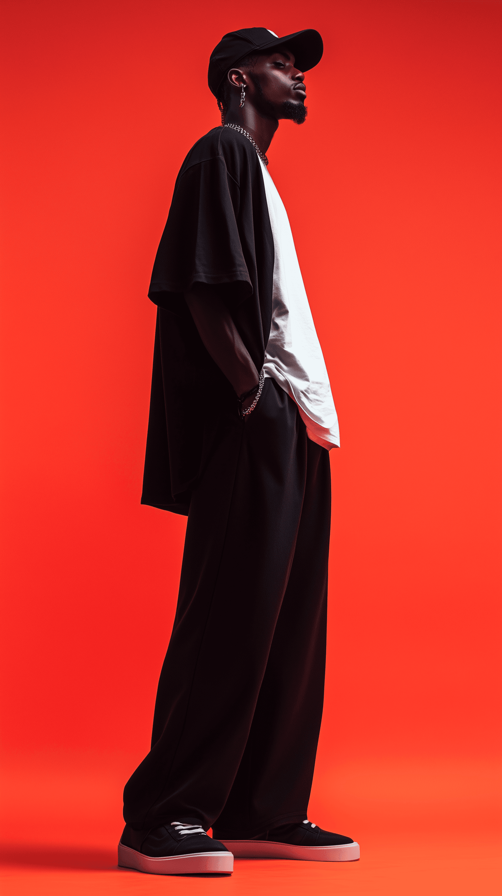 AI generated: capturing a casual yet stylish vibe, a figure in a loose, oversized black street wearing and wide-le...