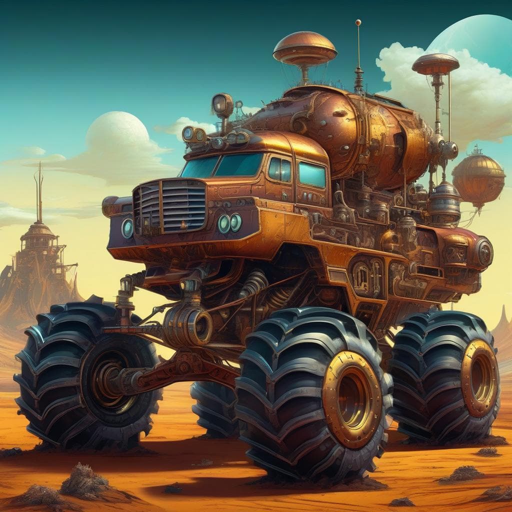 AI generated: Steampunk scifi style scientific expedition monstertruck, in a strange unearthly landscape of a stea...