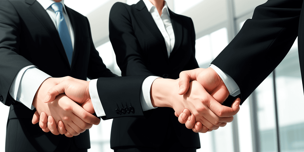AI generated: Draw two business figures (maybe in suits) shaking hands firmly, signifying a strong bond and Show f...