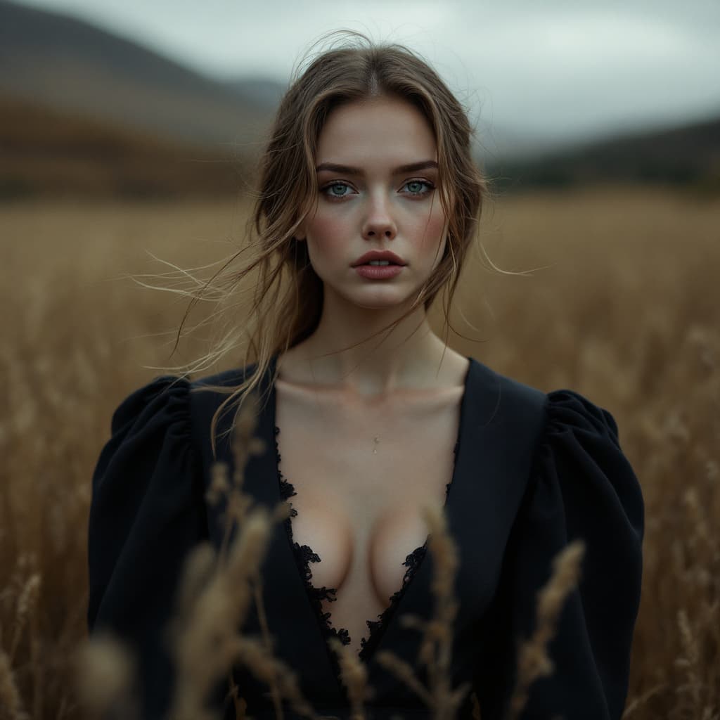 AI generated: the woman in the field is dressed for the camera, in the style of daria endresen, kris knight, scott...