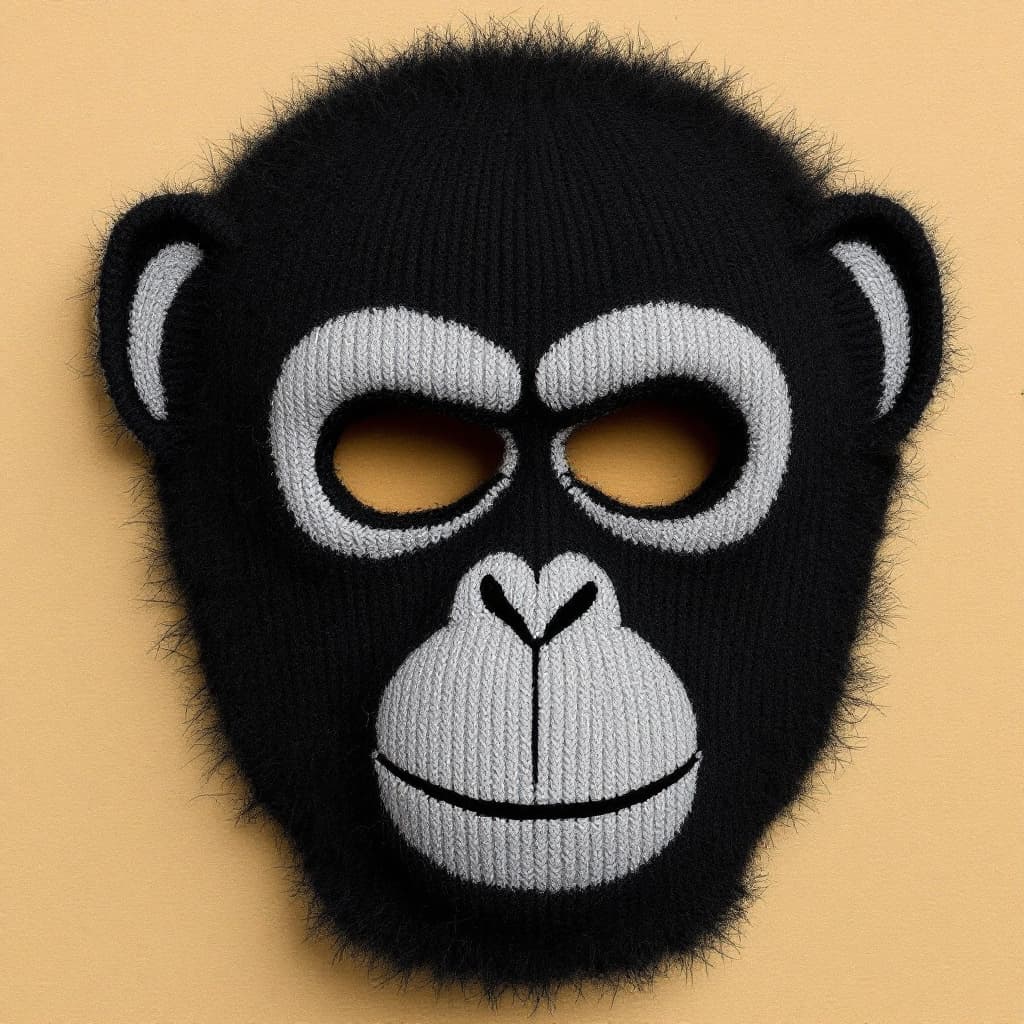 AI generated: a black ribbed knit skimask, two holes for the eyes, one hole for the mouth, painted chimpface on it...