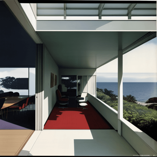 AI generated: Hyper realistic eye level exterior photo of a mid century modern style house overlooking the ocean, ...