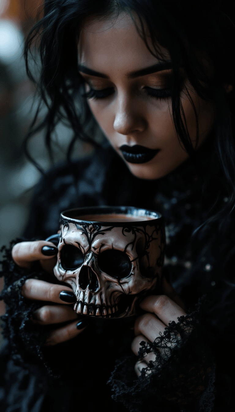 AI generated: A macroview of a gothic woman drinking coffee :2 from a skull shaped mug :1,the woman’s beauty and d...