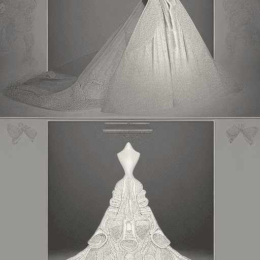 AI generated: Craft a high-fashion wedding dress seamlessly merging the elegance of Chantilly, with the contempora...