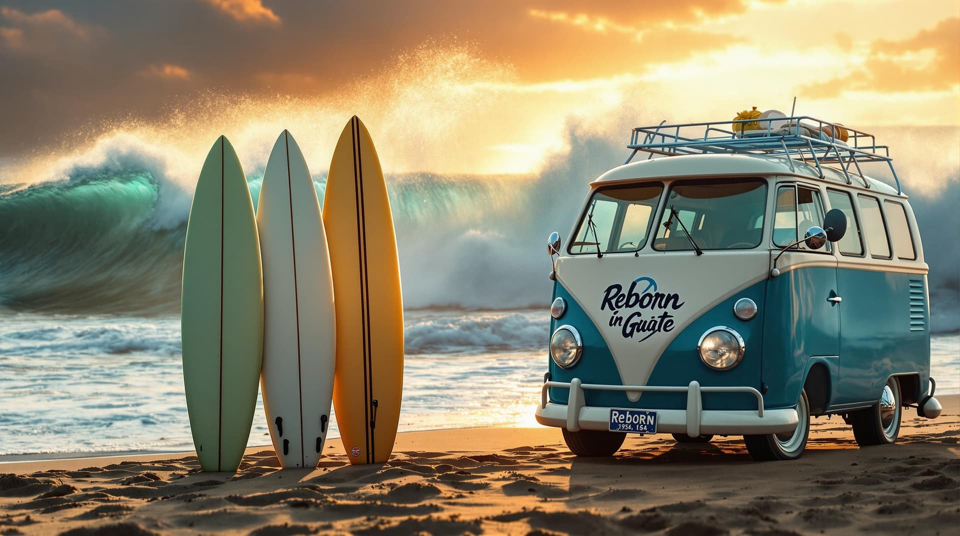 AI generated: A highly detailed distant ,ultra high definition pro photo of a 5 surfboards standing in the sand ne...