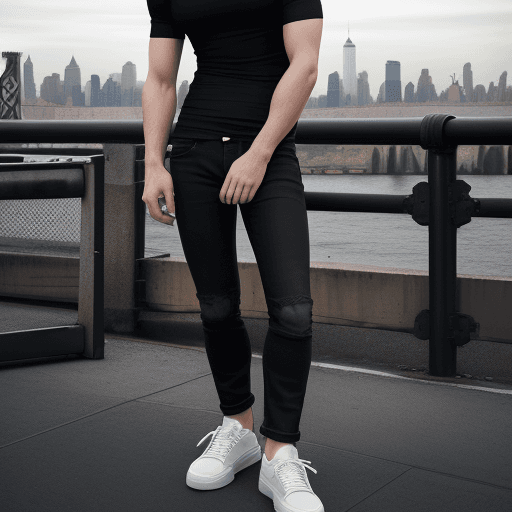 AI generated: High resolution photography of a manwearing a black t-shirt, jeans and white sneakers, in front of a...