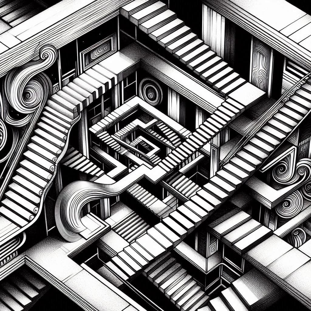 AI generated: An endless staircase in the style of M.C.Escher, black ink drawing, 8k, harmonious composition, flui...