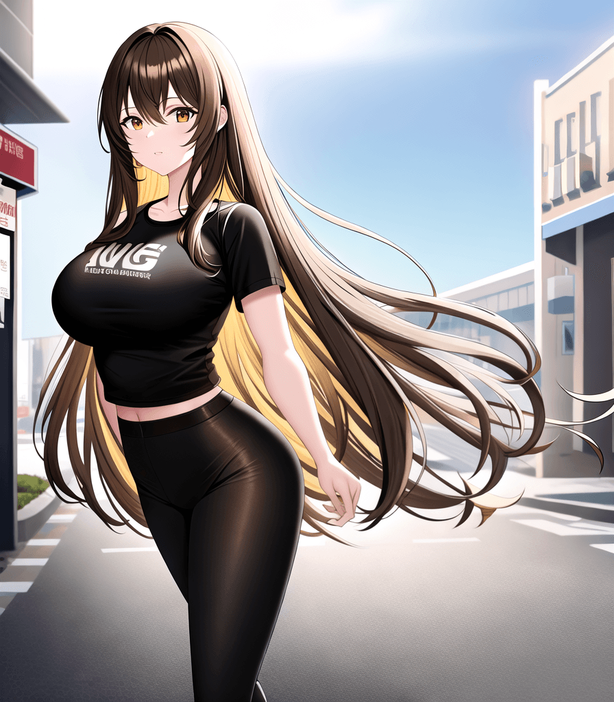 AI generated: (perfect anime illustration), 1girl, long brown hair, wavy hair, (huge breasts:1.1), outdoors, parki...