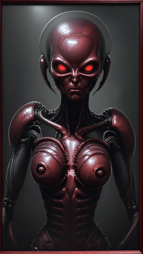 AI generated: ultra HD "complex-inducing (Alien:1.3) RFKTR-style headshot framed transparent ruby red in the style...