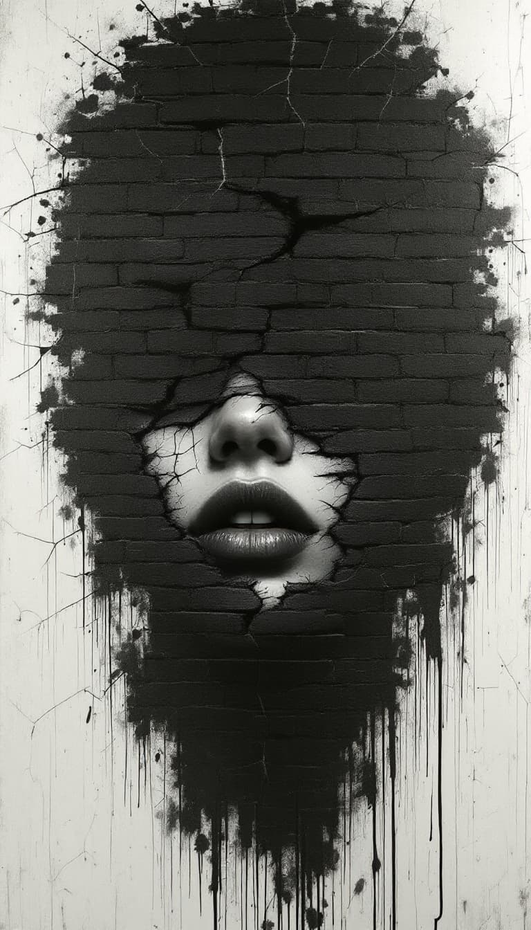 AI generated: The head of the girl is made up entirely from brick wall cracked black paint, with her lips visible ...