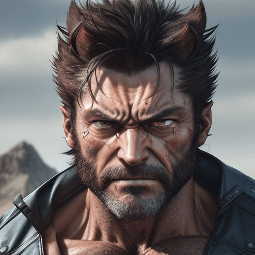 AI generated: “Depict Wolverine (male), a 45-year-old man with a rugged, chiseled face, in an intense close-up sho...