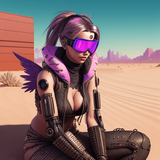 AI generated: Sexy female character wearing goggles while sitting in the desert, in the style of cyberpunk imagery...