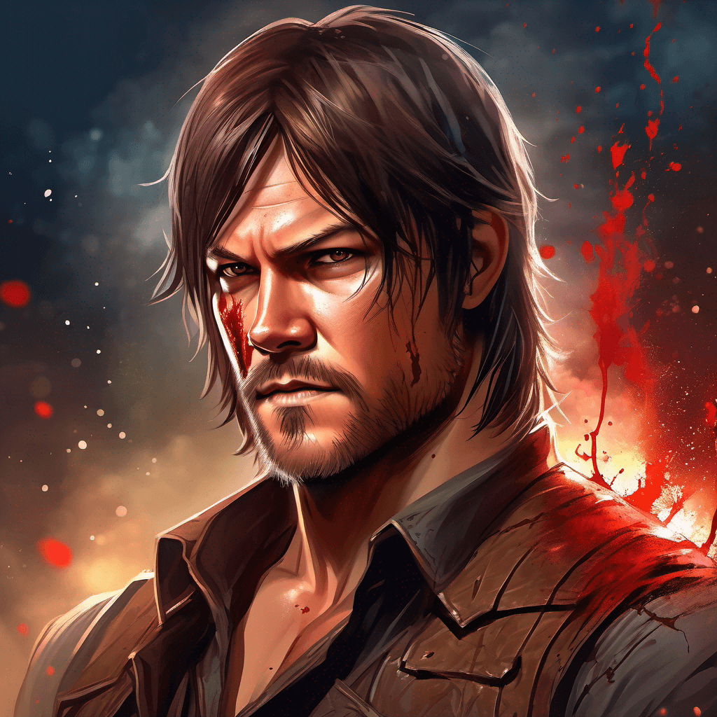 AI generated: A portrait of Daryl Dixon from the walking dead, action pose, blood stains, battle flames background...