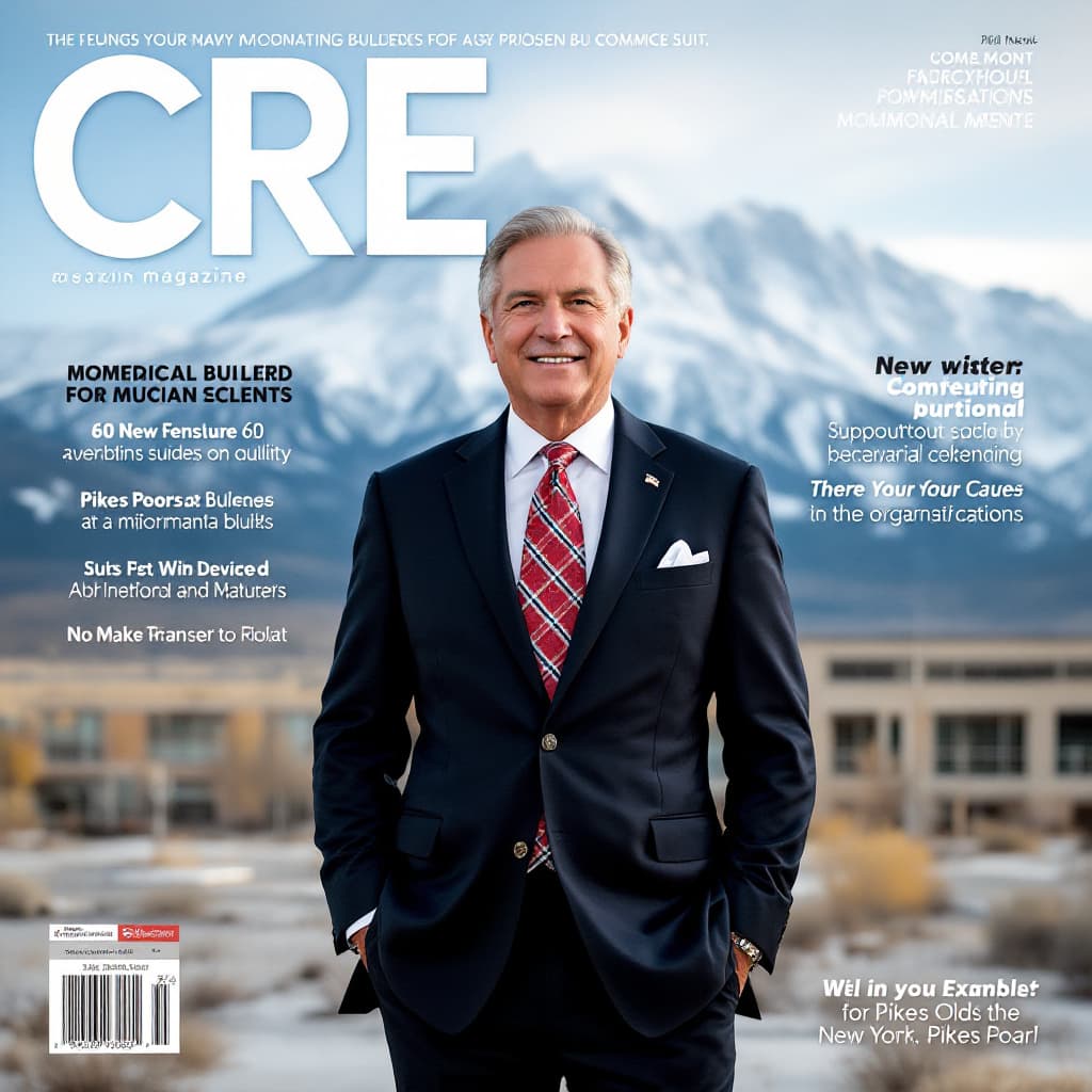 AI generated: CRE magazine cover featuring a professional man 60 years old in a very expensive suit standing in fr...