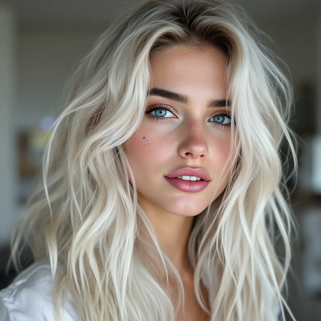 AI generated: 16 year old women, with beautiful white blondish hair, pink nice lips, straight teeth, light eyebrow...