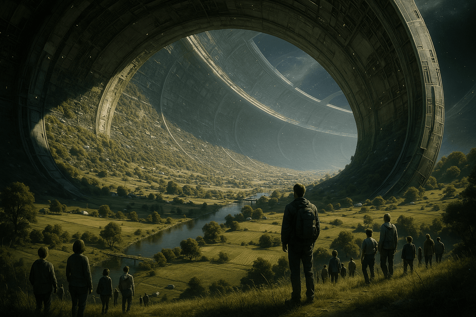 AI generated: In a dystopian future where a community exists in a giant Stanford torus in space, Space settlement,...