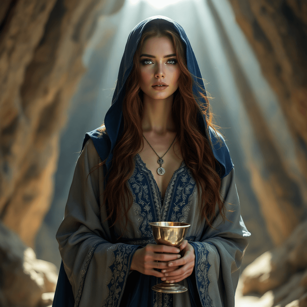 AI generated: A mysterious woman with long, flowing, dark auburn hair, often partially hidden beneath a hooded clo...