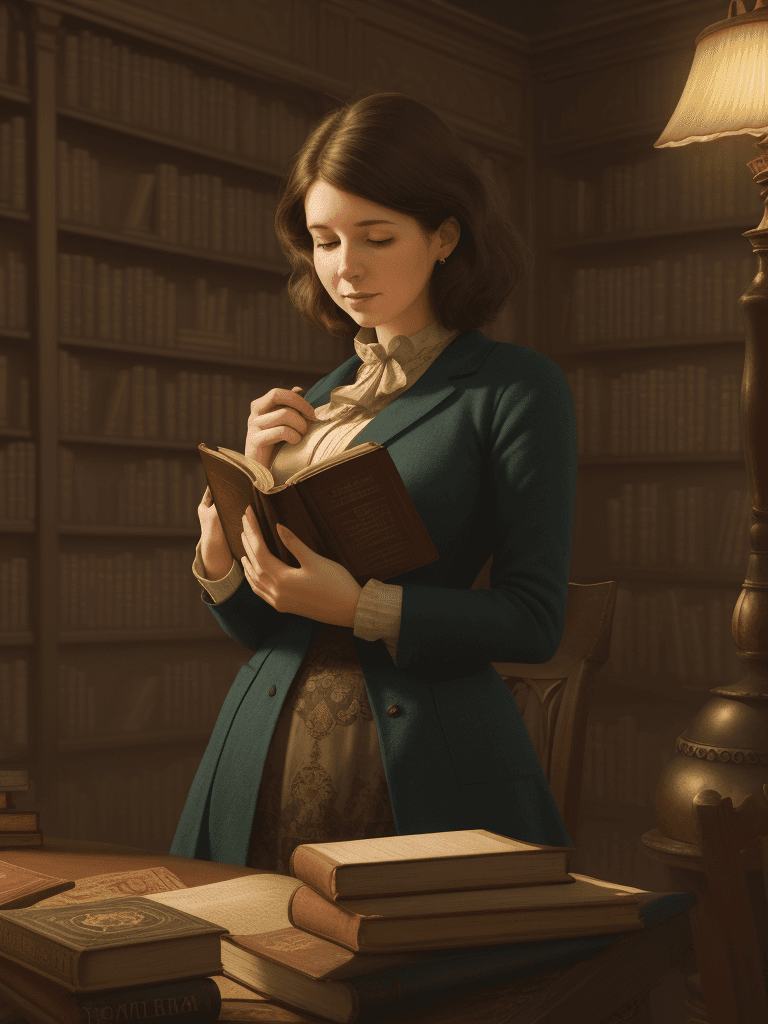 AI generated: woman reading amidst a library filled with antique books. The joy of learning, captured with extreme...