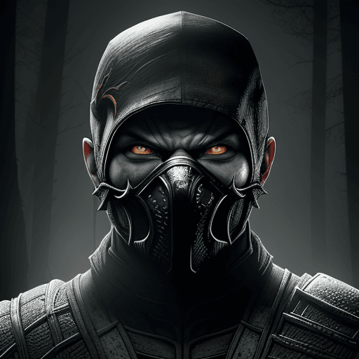AI generated: Mortal Kombat Scorpion, white eyes, classic mask, movie 1995, comes out of the forest in the fog, at...