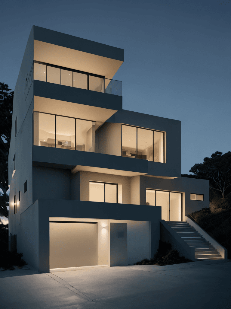 AI generated: Hyper realistic eye level exterior photo of a modern style house overlooking the ocean, night time, ...