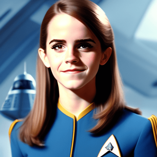 AI generated: 1969 portrait of Emma Watson as (Hermione Granger as a star fleet ensign), smiling, wearing an all b...