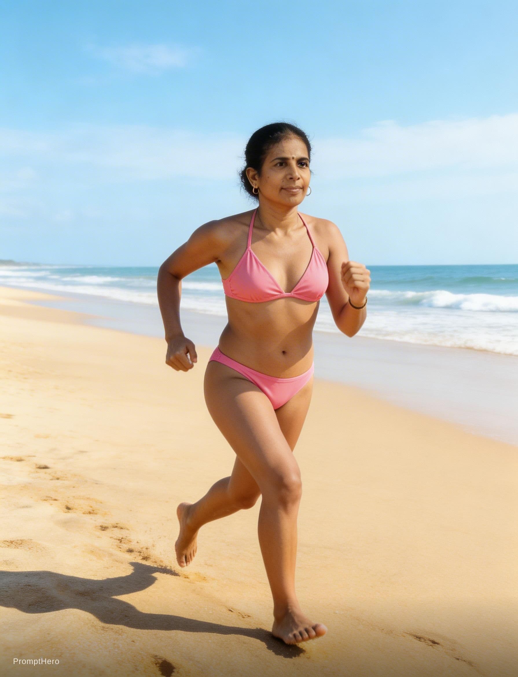AI generated: Make her running in a beach wearing bikini 