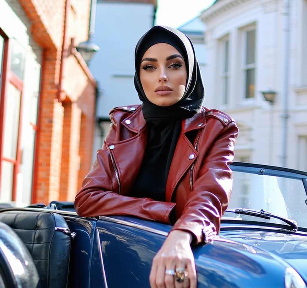 AI generated: Black and white street photography of an attractive woman in leather jacket with headscarf sitting i...